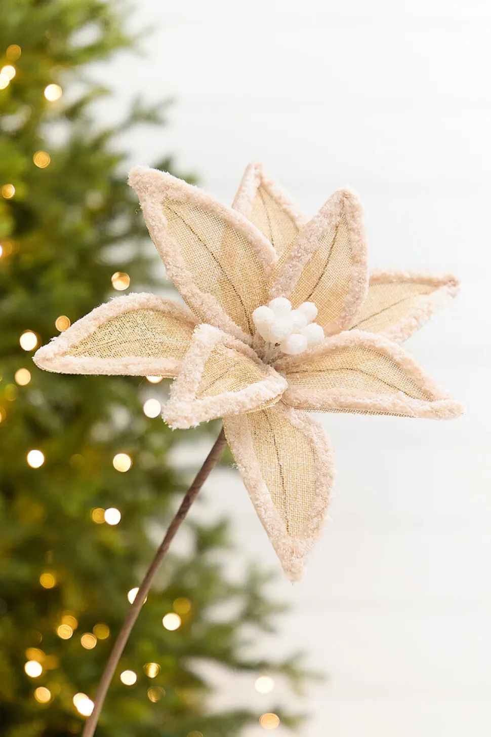 20” x 13" Burlap Faux Fur Edge Poinsettia Stem