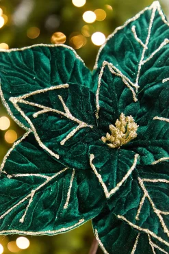 22" x 12.25" Emerald & Gold Velvet Poinsettia Stem