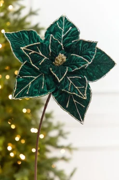 22" x 12.25" Emerald & Gold Velvet Poinsettia Stem