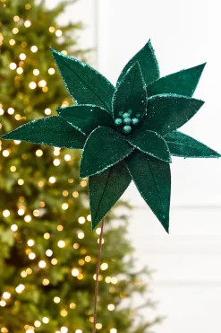 20" x 15" Emerald Velvet Glitter Poinsettia Stem