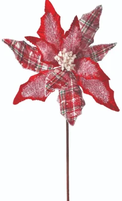 34” x 13" Frost Snowflake Plaid Velvet Poinsettia Stem