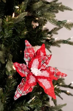 34” x 13" Frost Snowflake Plaid Velvet Poinsettia Stem