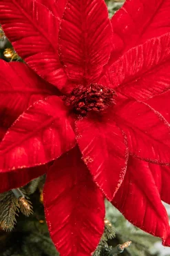22” x 17” Giant Velvet Poinsettia Stem - Deep Red