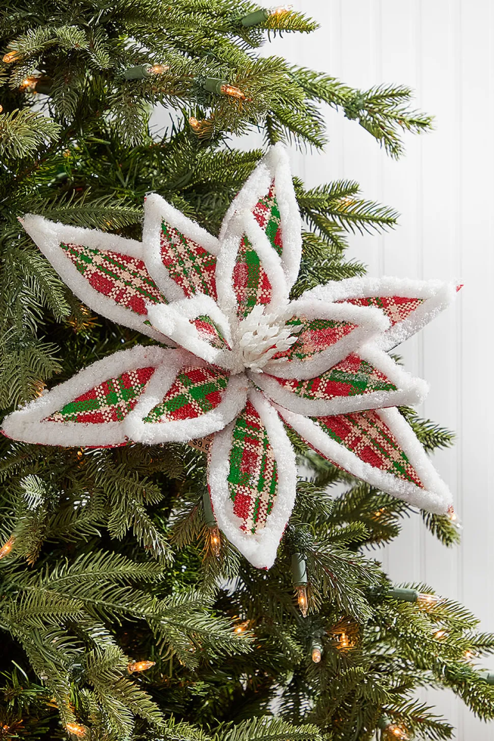24” x 13" Glitter Fur Edge Plaid Poinsettia Stem