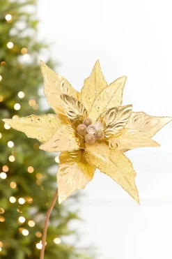 24" x 10" Gold Glitter Edge & Bead Poinsettia Stem