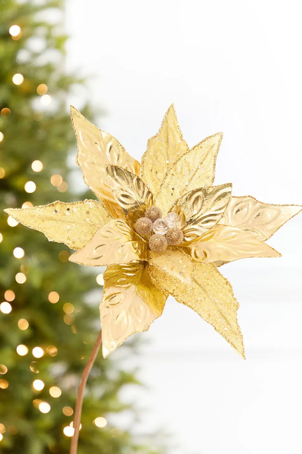 24" x 10" Gold Glitter Edge & Bead Poinsettia Stem