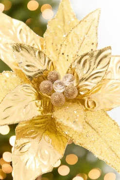 24" x 10" Gold Glitter Edge & Bead Poinsettia Stem