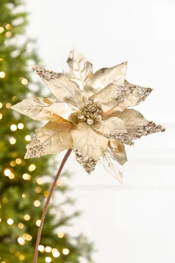 22" x 11” Gold Metallic Glitter Poinsettia Stem
