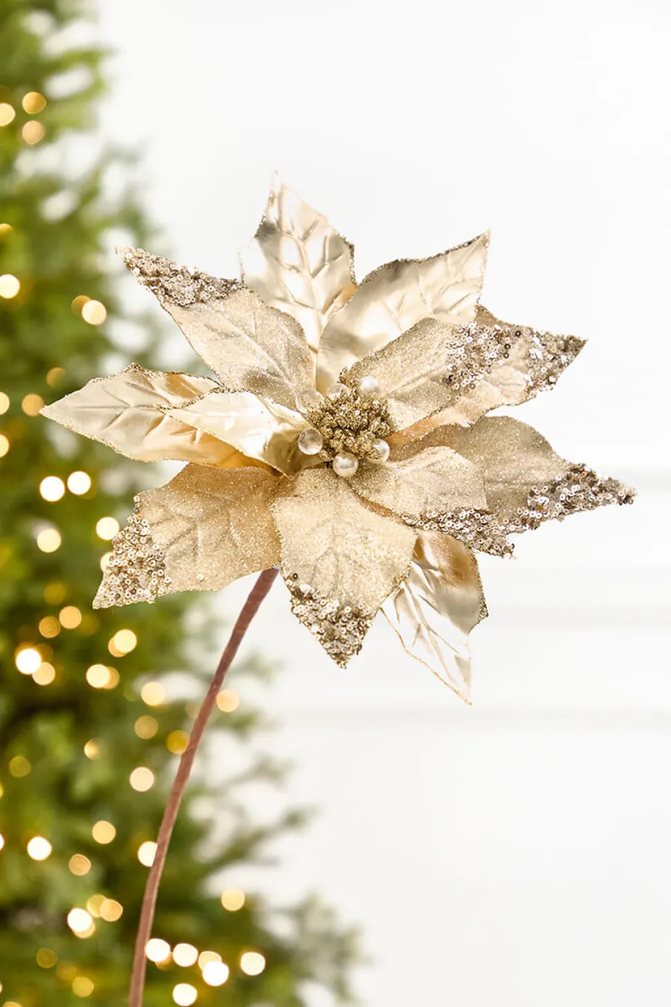 22" x 11” Gold Metallic Glitter Poinsettia Stem