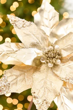 22" x 11” Gold Metallic Glitter Poinsettia Stem