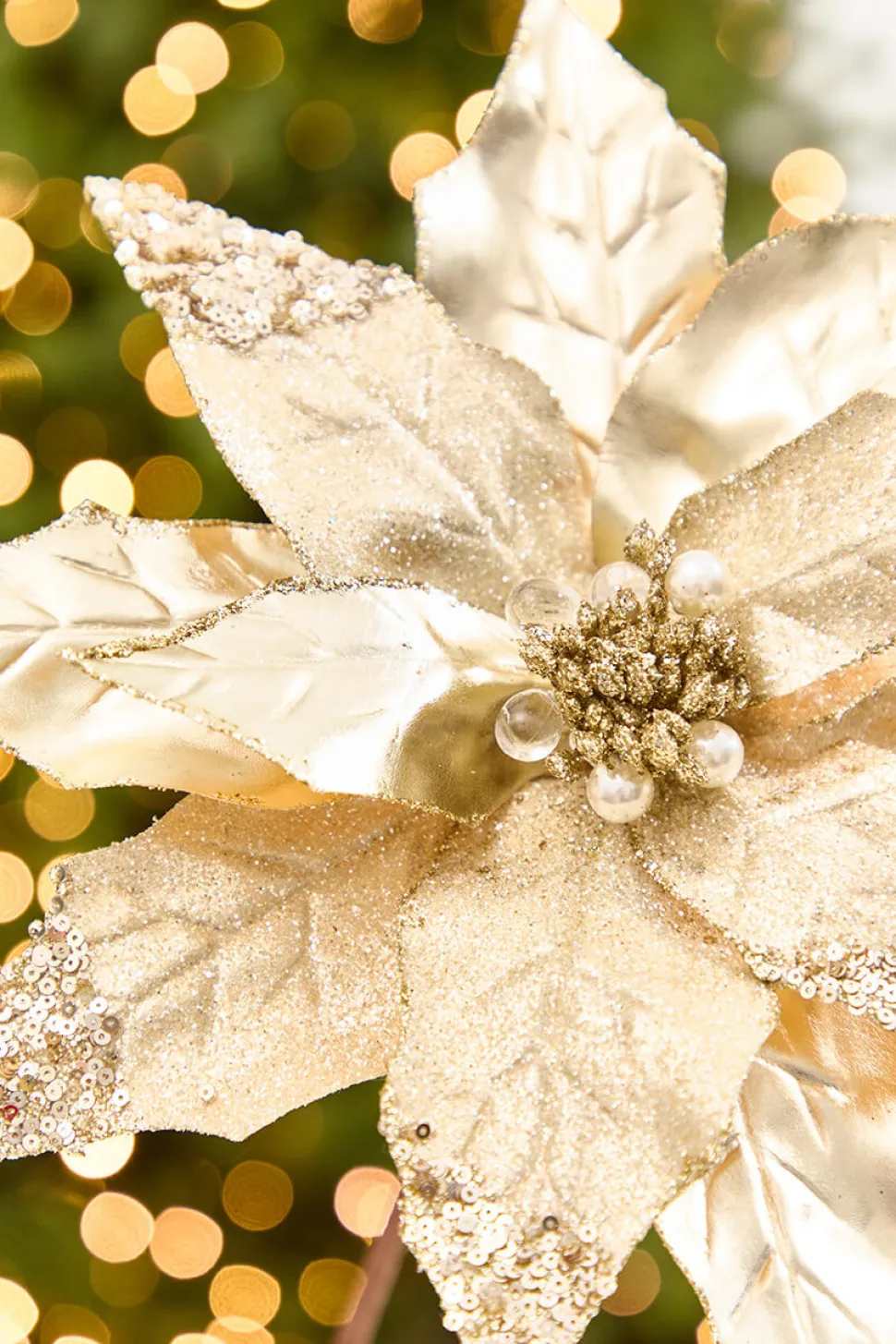 22" x 11” Gold Metallic Glitter Poinsettia Stem