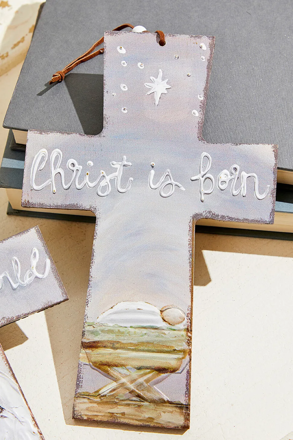 9" x 5.75" Grey Cross Jesus at Birth Ornament
