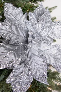 24" x 12" Leafy Silver Poinsettia Stem