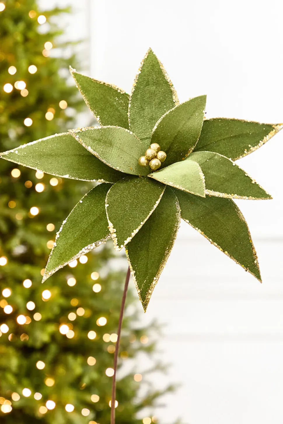 20" x 15" Olive Velvet Glitter Poinsettia Stem