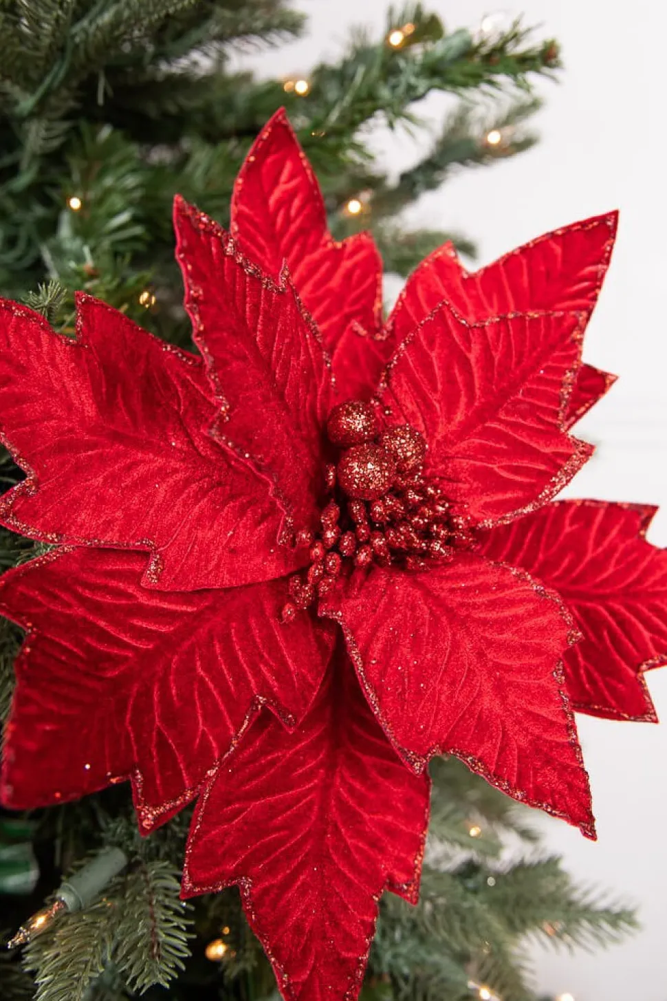 24” x 11" Poinsettia Stem - Red with Red Glitter