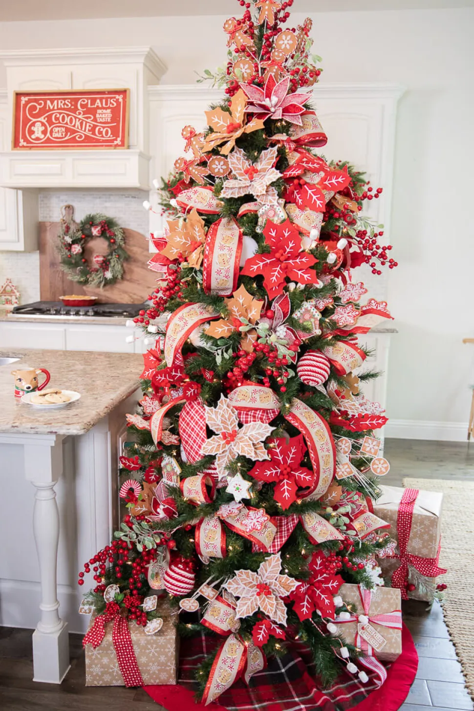 22” x 11" Red and White Poinsettia Stem with Red Berries