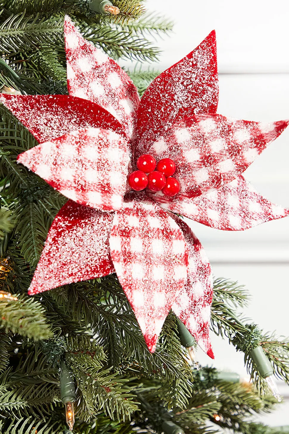 21” x 9" Red and White Poinsettia Stem with Red Berries