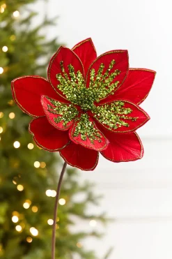 22" x 11" Red & Apple Green Glitter Poinsettia Stem