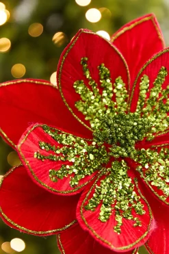 22" x 11" Red & Apple Green Glitter Poinsettia Stem