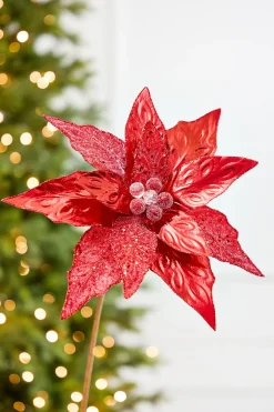 24" x 10" Red Glitter Edge & Bead Poinsettia Stem