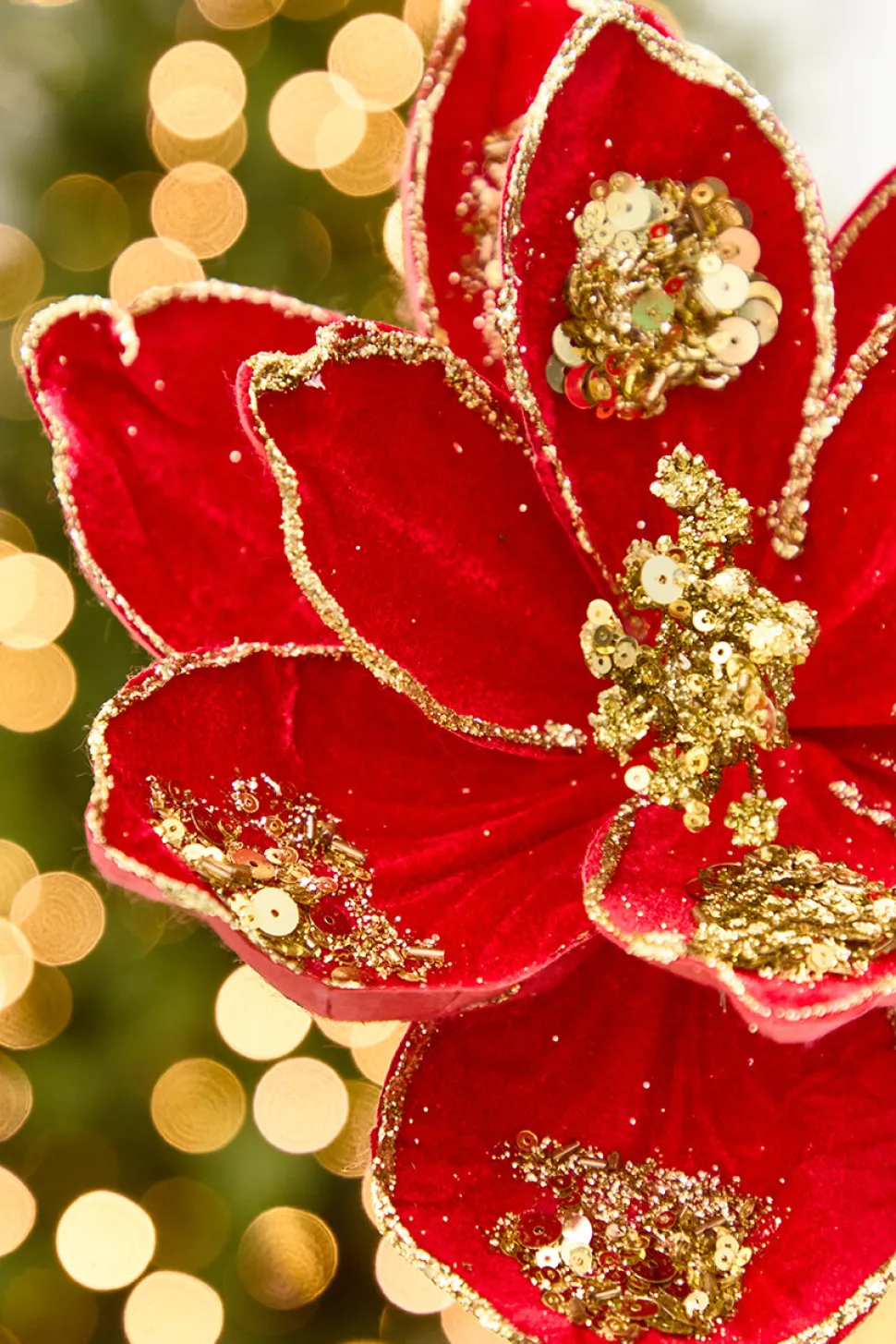 19" x 10" Red & Gold Glitter Magnolia Stem