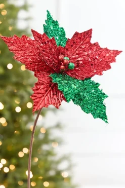 19" x 12" Red & Green Glitter Poinsettia Stem