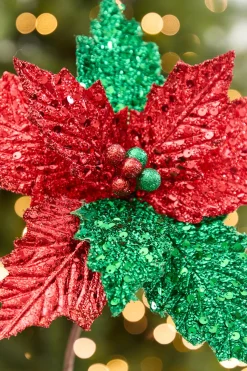 19" x 12" Red & Green Glitter Poinsettia Stem