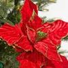 13” x 12" Red & Green Velvet Poinsettia Stem