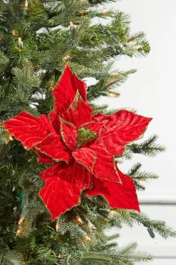 13” x 12" Red & Green Velvet Poinsettia Stem