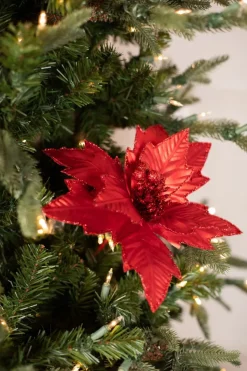22” x 10.5" Red Metallic Glitter Edge Poinsettia Stem