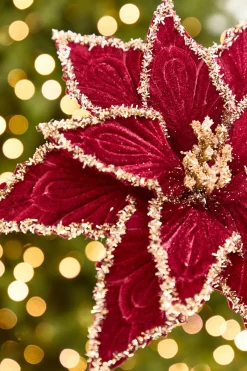 19" x 13" Red & Platinum Velvet Poinsettia Stem