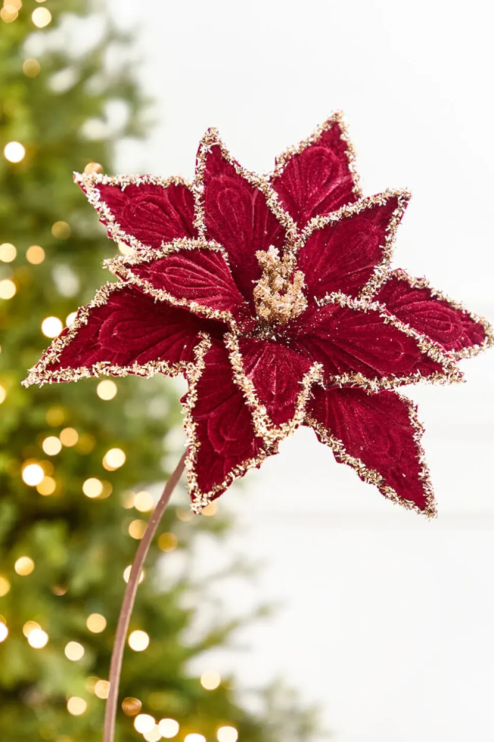 19" x 13" Red & Platinum Velvet Poinsettia Stem