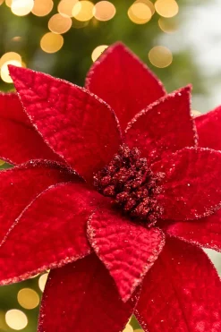 24” x 12" Red Velvet Glitter Edge Jewel Poinsettia Stem