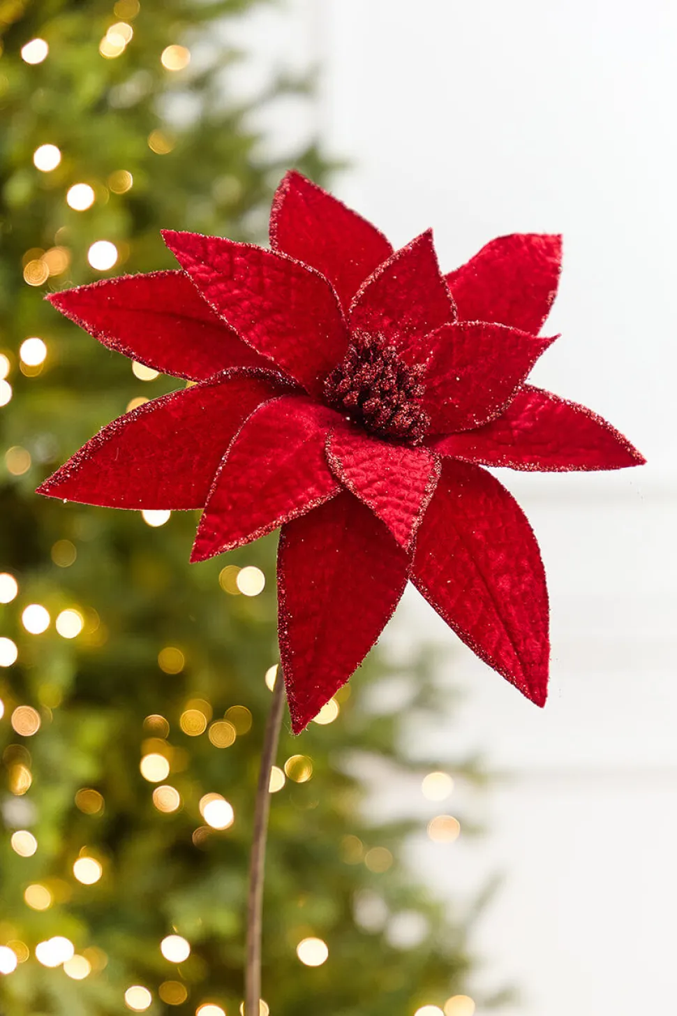 24” x 12" Red Velvet Glitter Edge Jewel Poinsettia Stem