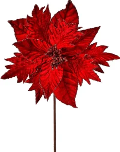 20” x 12" Red Velvet Gold Mix Glitter Poinsettia Stem