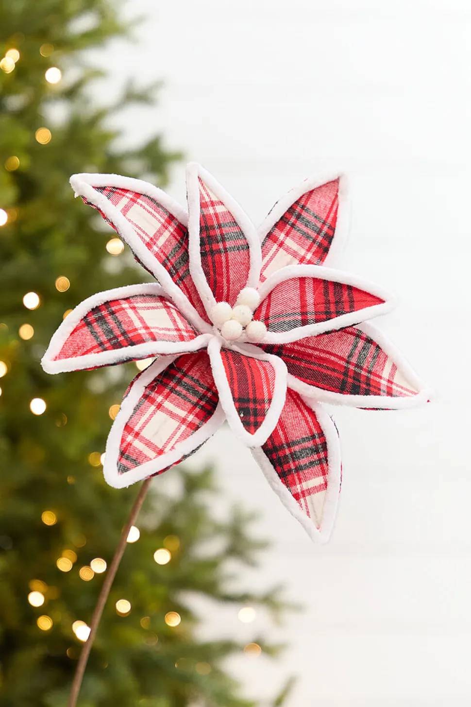 19" x 12.5" Red & White Black Plaid Poinsettia Pick