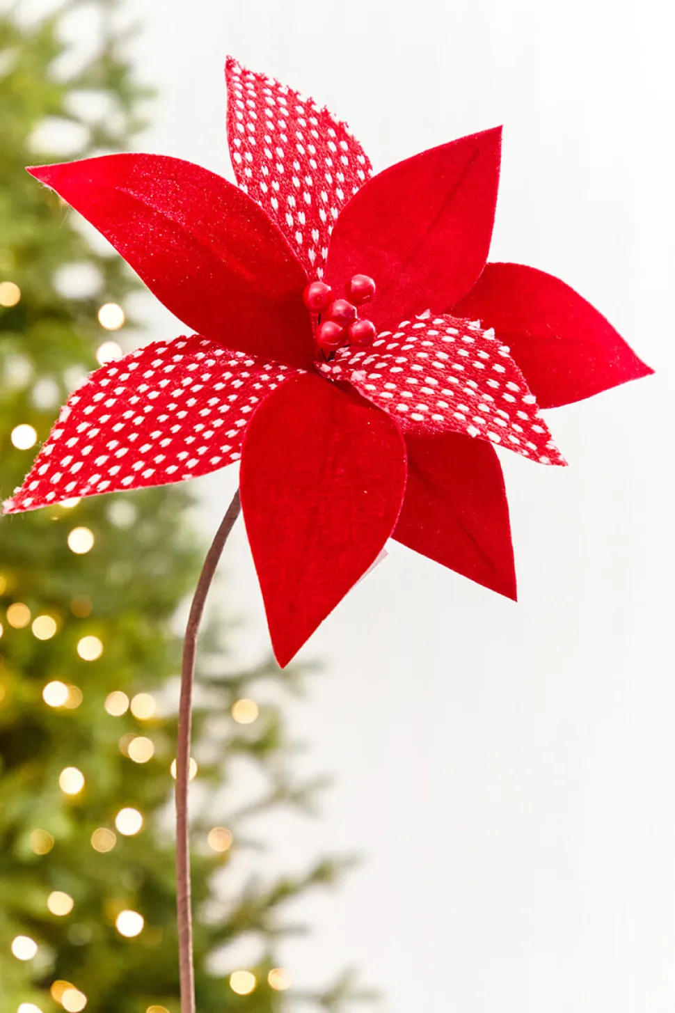 19" x 12" Red & White Patterned Poinsettia Stem