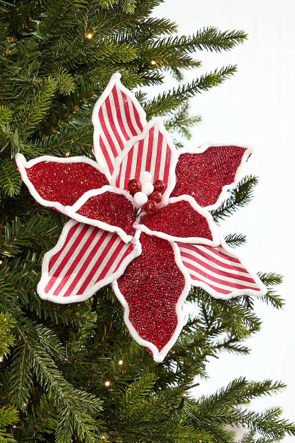 20" x 13" Red & White Striped Glitter Poinsettia Stem