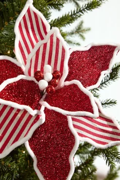20" x 13" Red & White Striped Glitter Poinsettia Stem