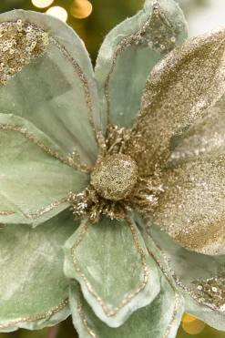 22" x 11" Sage & Platinum Velvet Glitter Magnolia Stem