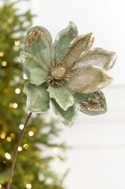 22" x 11" Sage & Platinum Velvet Glitter Magnolia Stem