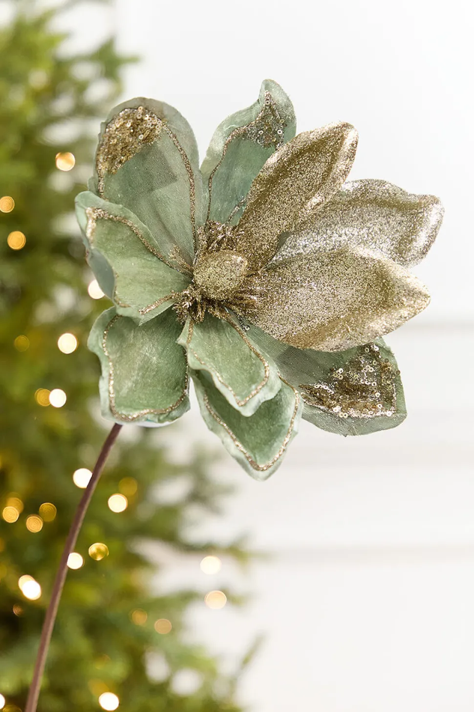 22" x 11" Sage & Platinum Velvet Glitter Magnolia Stem