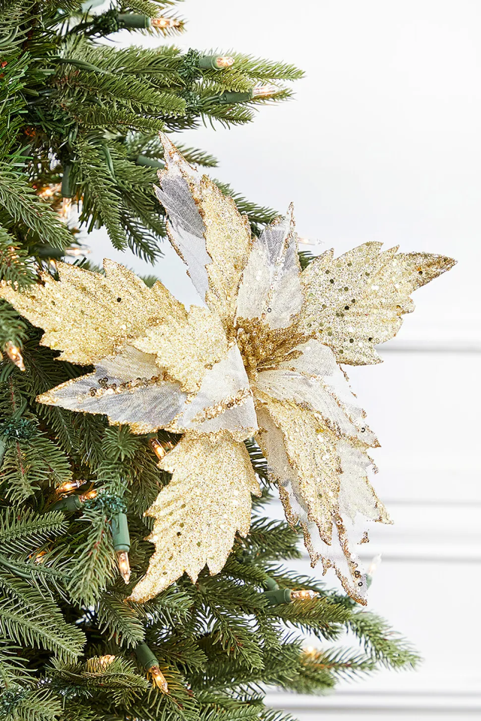 22” x 14" Sheer Glitter Poinsettia Stem - Champagne