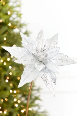 24" x 10" Silver Glitter Edge & Bead Poinsettia Stem