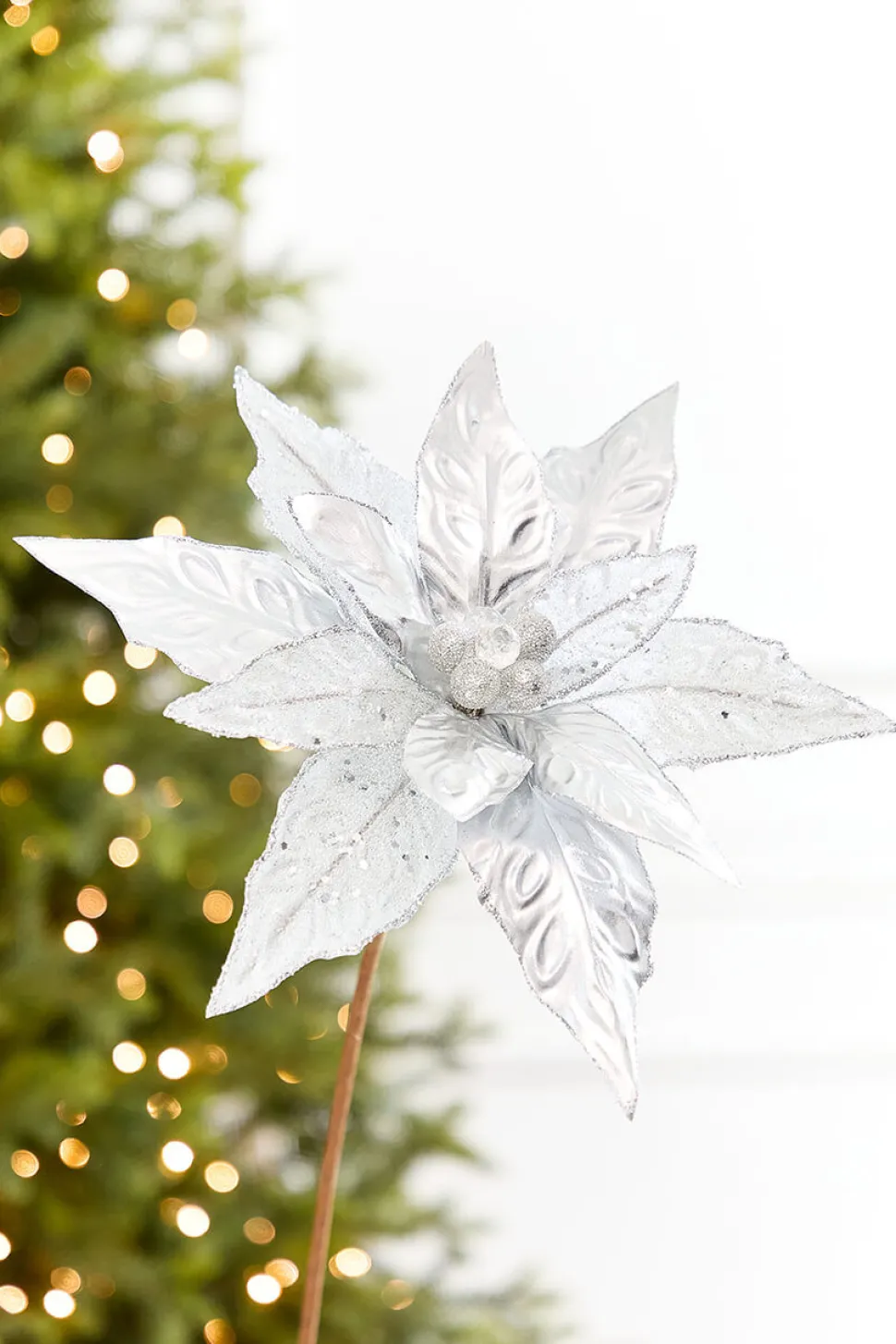 24" x 10" Silver Glitter Edge & Bead Poinsettia Stem