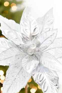 24" x 10" Silver Glitter Edge & Bead Poinsettia Stem