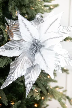 31” x 17" Silver & White Sequin Glitter Poinsettia