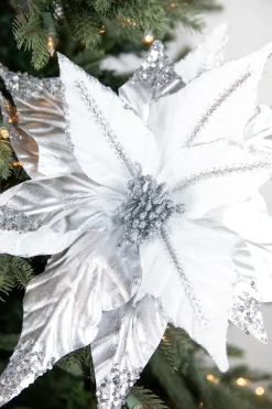 31” x 17" Silver & White Sequin Glitter Poinsettia