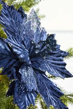 20" x 12" Velvet Glitter Poinsettia - Navy