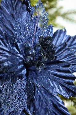 20" x 12" Velvet Glitter Poinsettia - Navy